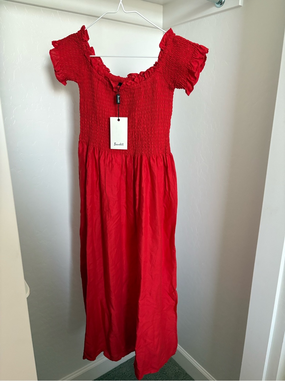 Bardot Poppy Red Smocked Midi Dress with Side Slit - Size 4 - NWT